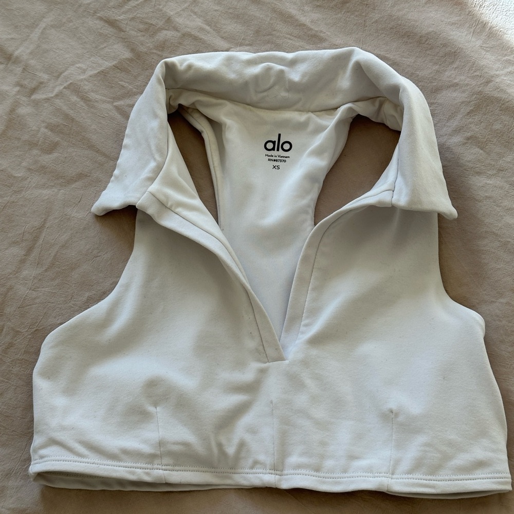 ALO Yoga White Cropped Sleeveless Polo Tank Top
